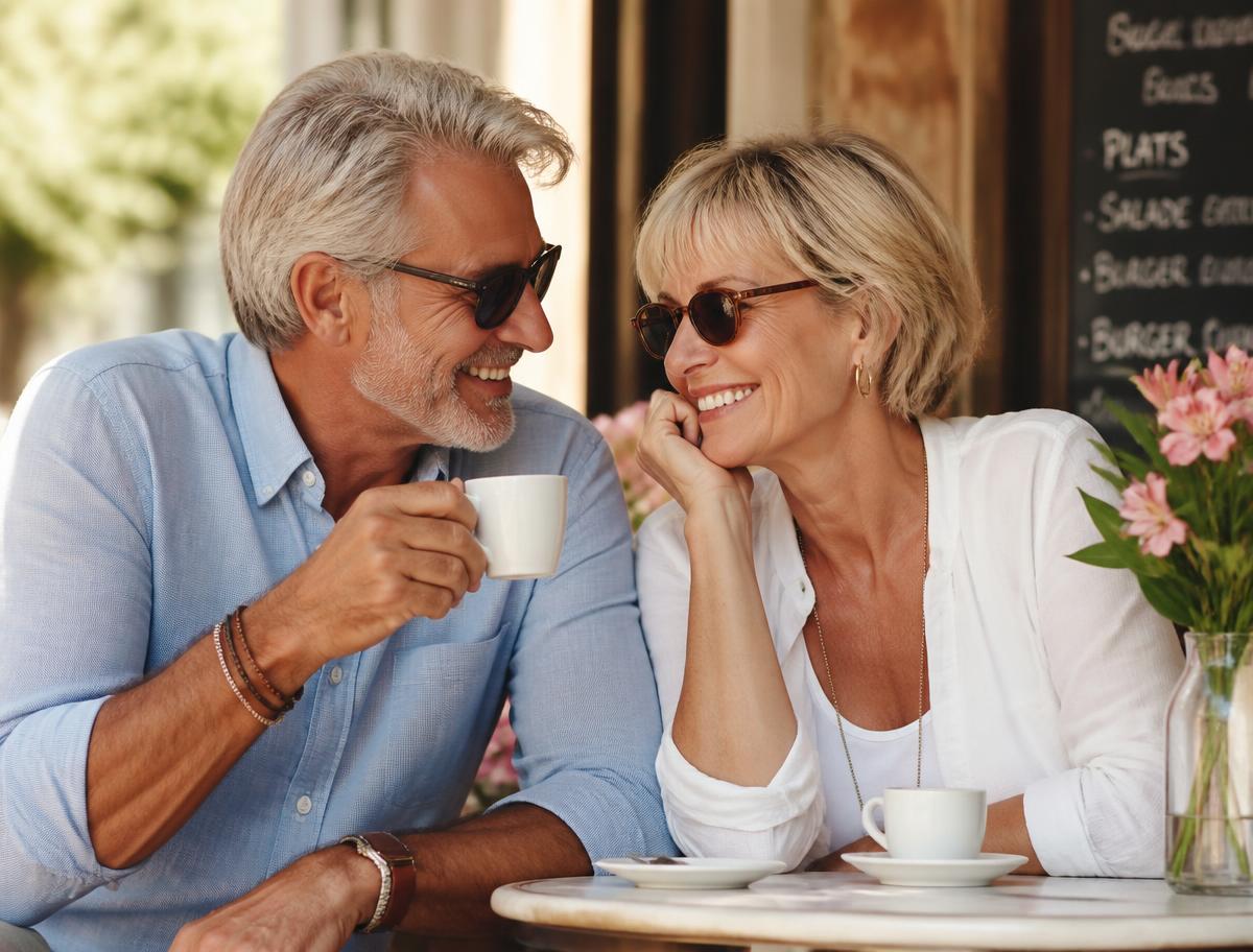 A smiling couple sharing coffee at a sunlit cafe table